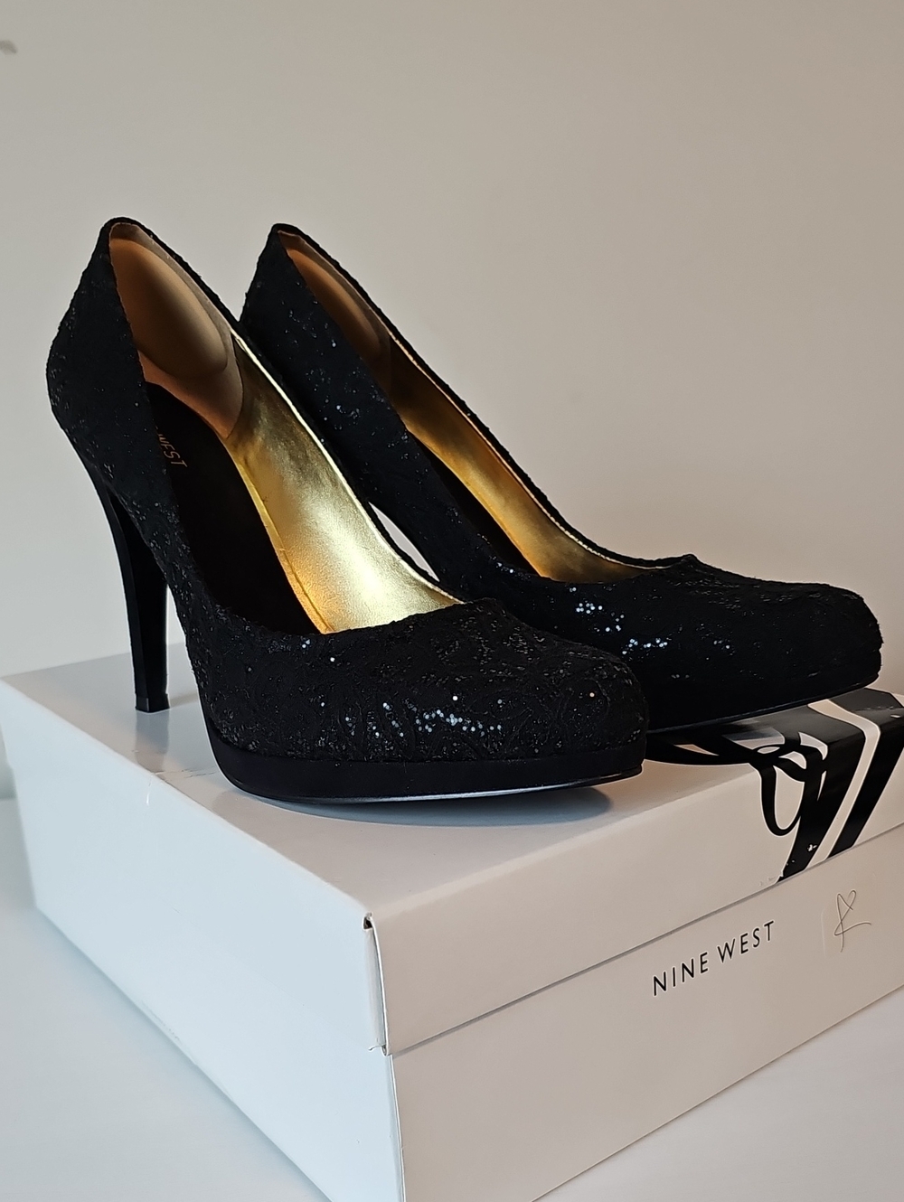 Nine West Black Sequin High Heel Pumps with Gold Interior